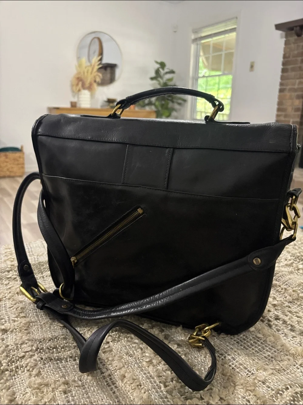 Wilson Leather Black Men's Convertible Messenger Backpack Bag with Brass Buckle